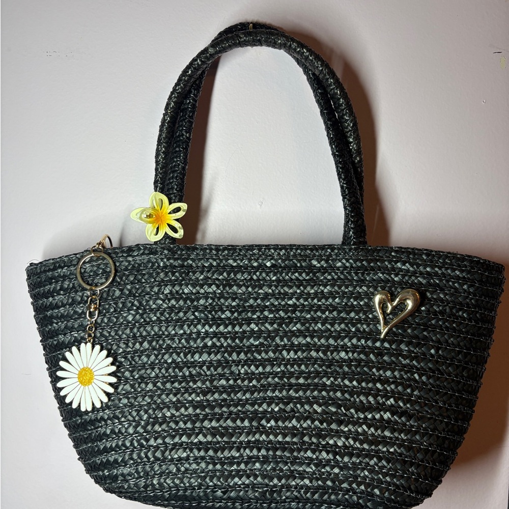 Black Woven Tote Bag with Floral Charm